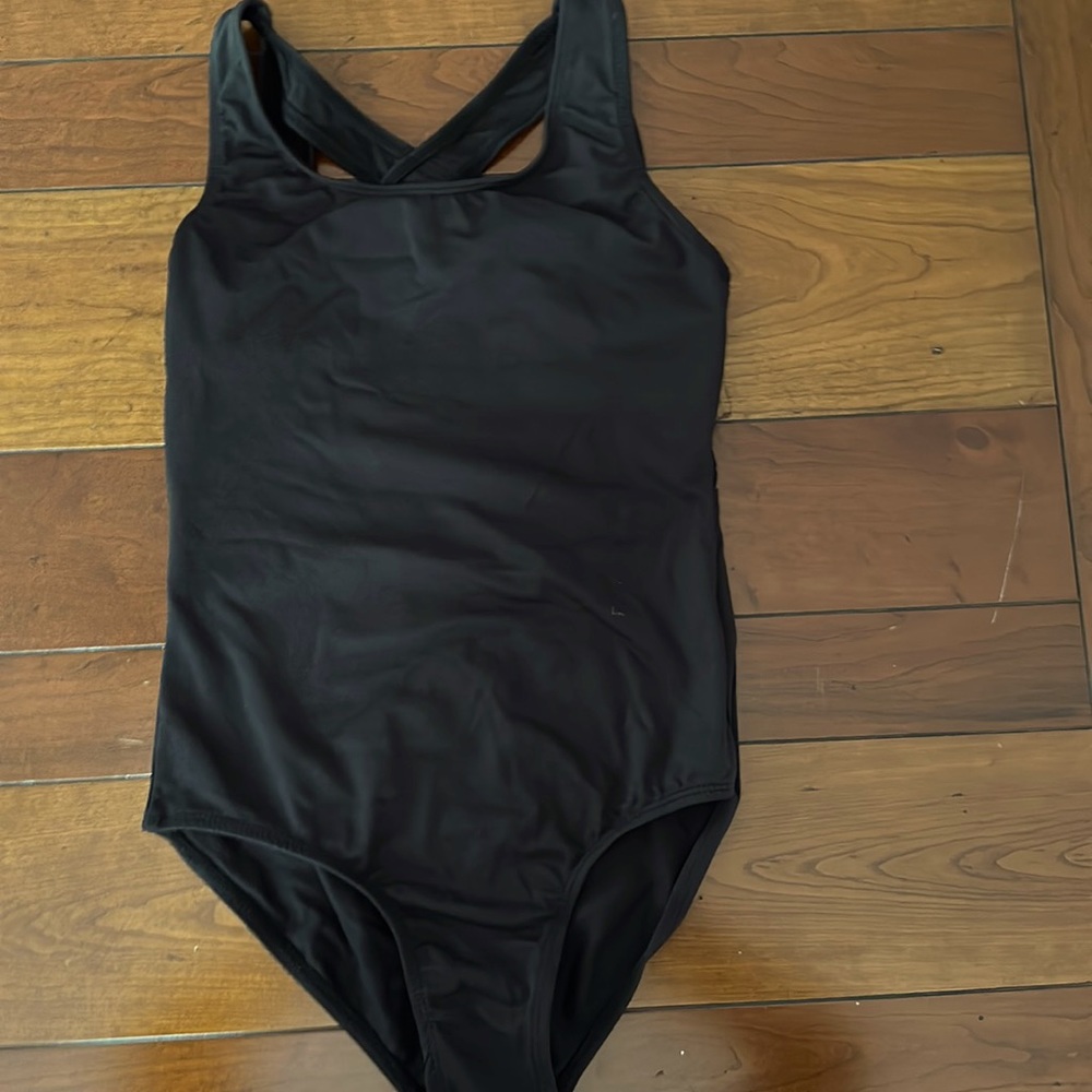 Danshuz Black Lycra tank style leotard with lace floral back sz 12-14